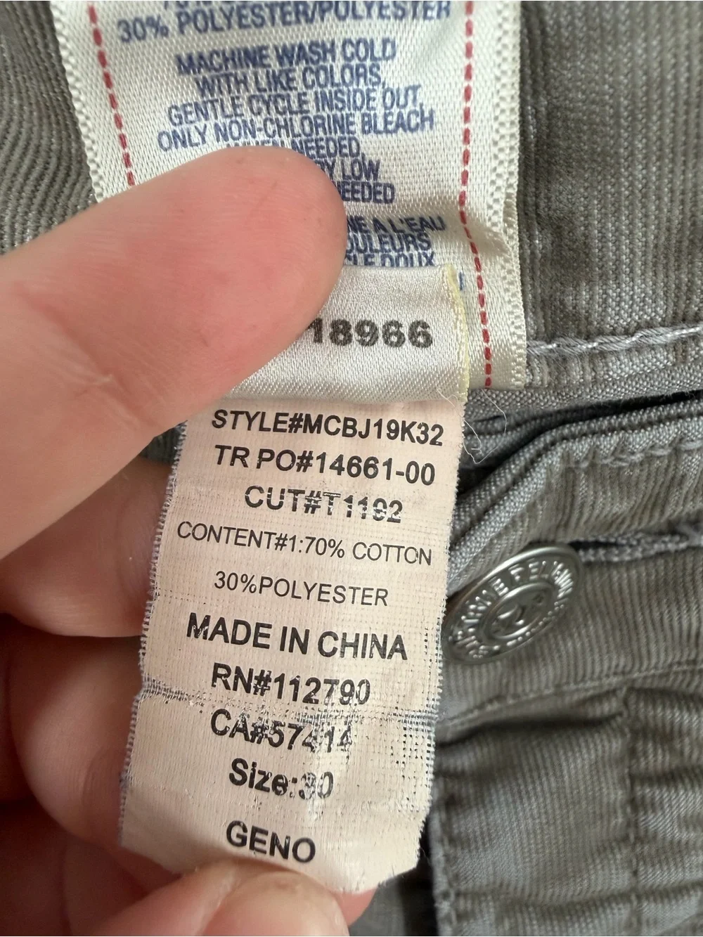 True Religion Geno Gray Corduroy Slim Pants